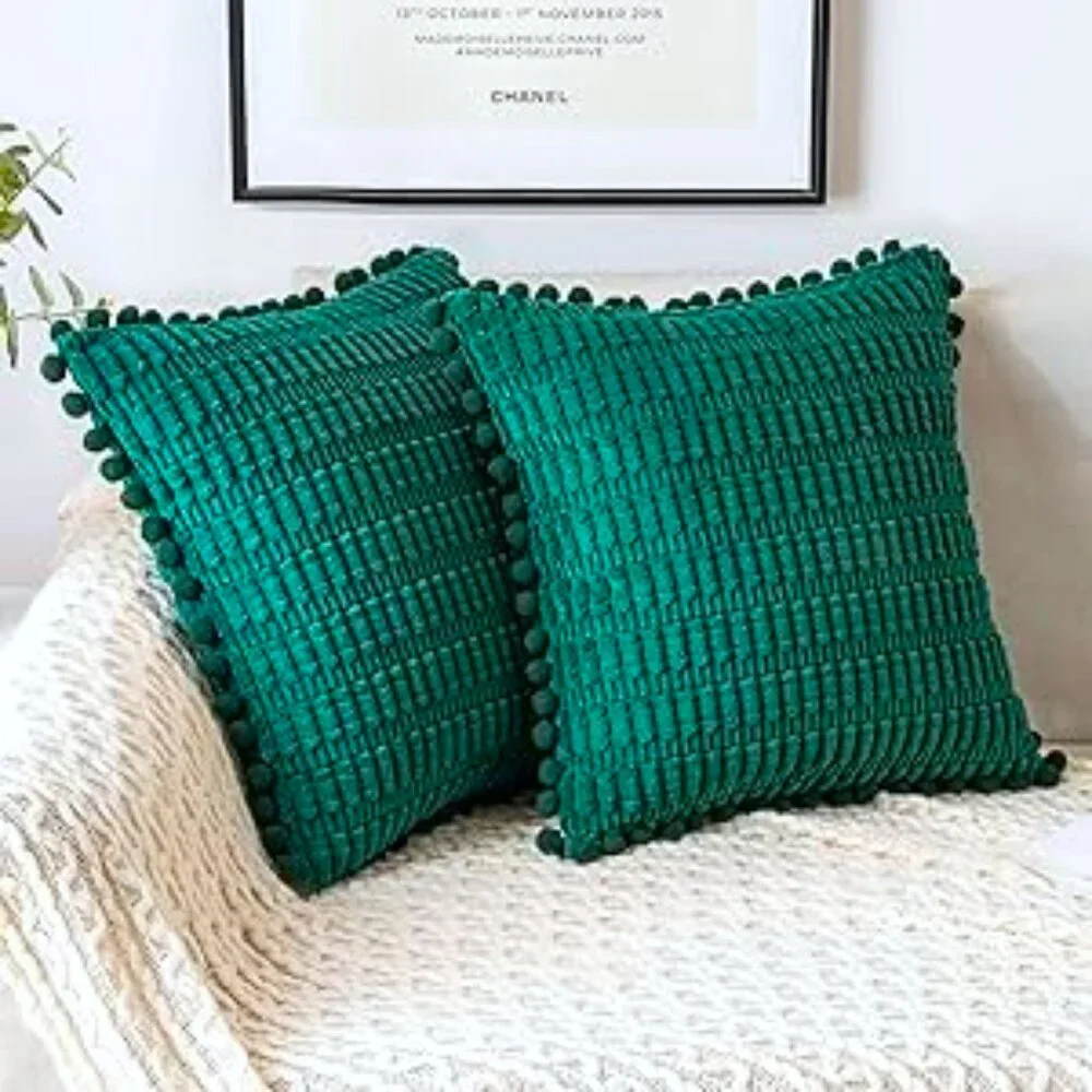 Square Chenille Pillow Cover with Pom Pom Detail Throw Pillow Slipcover Green